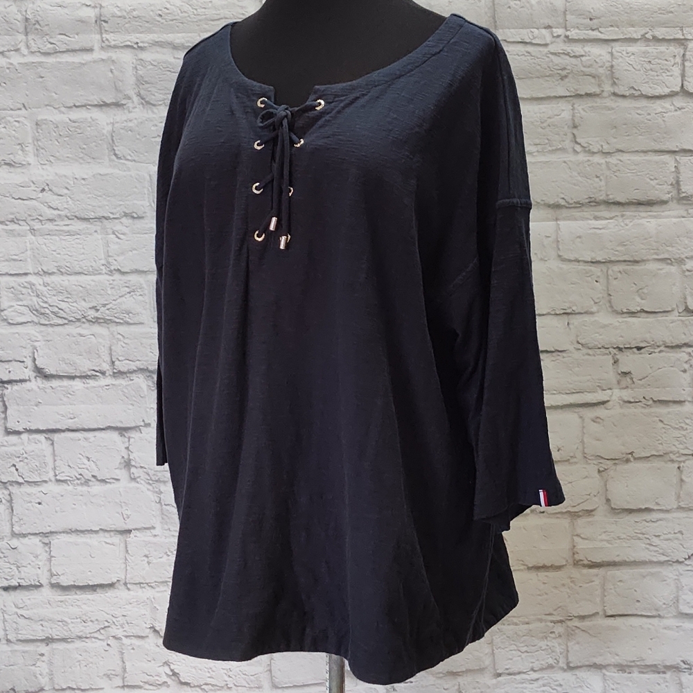 Tommy Hilfiger Navy Top 3/4 Sleeve Lace Up Gold Rivet Plus Size 2XL 100% Cotton